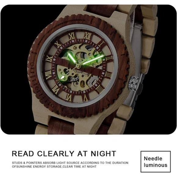 Men's Wooden Watch Skeleton Automatic Movement Wood Watch Self-Winding Watches - Picture 3 of 7